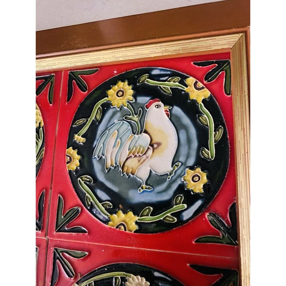 Vintage Rooster Tiles In Wood Frame 4 Ceramic Tiles Cottage Farm Americana Decor